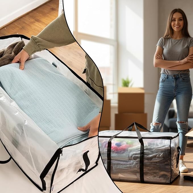 2-Packs Extra Large Heavy Duty Moving Bags, Waterproof Storage Totes with Handles & Zippers Storage Bags Totes for Clothes Packing, Dorms, College Supplies, Space Saving, Clear