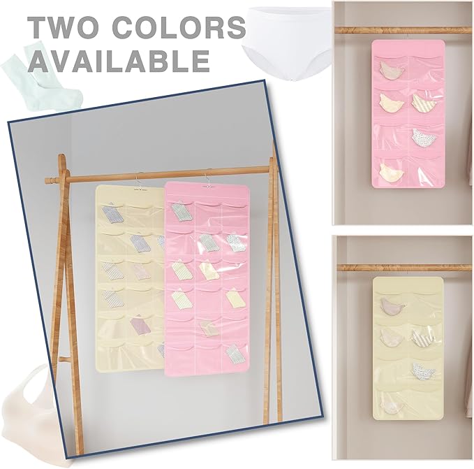 Hanging Closet Underwear Organizer, 28-Pockets Dual-Sided Storage for Socks, Bras, and Leggings Lingerie and Kids’ Clothing, Pink