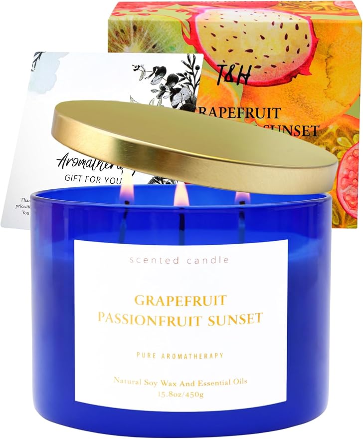 Grapefruit Passionfruit Sunset 3-Wick Soy Candle | Large Aromatherapy Scented Candle for Home 15.8oz | Fresh Tropical Citrus Stress Relief Candle | Clean Burn | Relaxation Gift for Women & Men