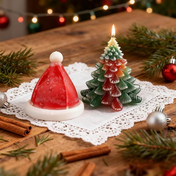 2pcs 3D Christmas Tree Silicone Candle Soap Epoxy Resin Wax Mold Silicone Shapes Christmas Trees Mold for Candle Resin Soap Craft Cake Chocolate Making Kit Christmas Gift (Christmas hat+Tree)