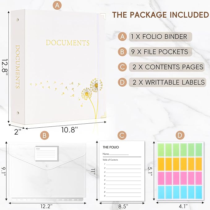 XKDOUS Important Document Organizer, Folio Folders with 9 Pockets, 3-Ring Binder Gold-Foiled Hardcover File Storage Organization Expanding File for 8.5x11 Papers, A4 Documents