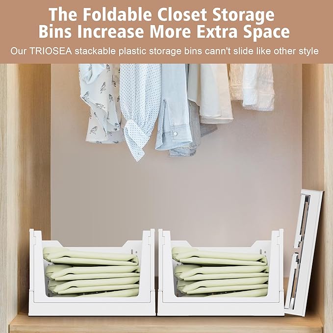 Stackable Storage Bins, Folding Collapsible Closet Organizers and Storage Bins Box, Plastic Shelves Drawer Organizer Container for Closet Office Bedroom Kitchen Bathroom with Wheels, White, 3 Pack