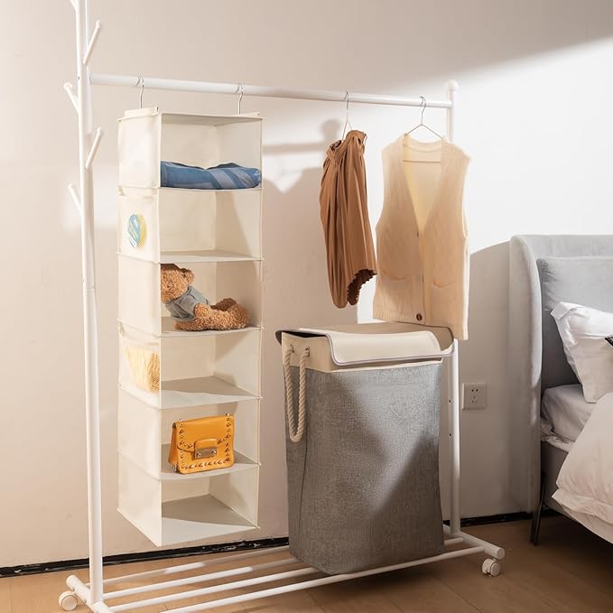 BrilliantJo 6 Shelves Hanging Closet Organizer, 2 Pack Hanging Storage with 4 Side Pockets for Clothes Shoes, 43.5"x12"x12"(Beige)