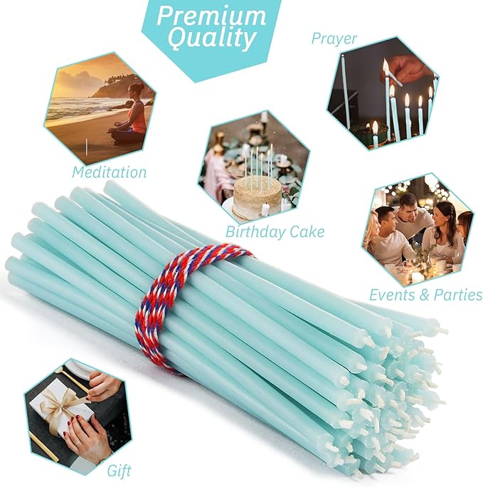 Pure Beeswax Candles, 6.3" Decorative Thin Taper Candles,Honey Scented, Dripless, Smokeless, 30min Burn Time for Birthday, Dinner, Prayer, Church, Hanukkah, Christmas (Blue, 50 pcs)