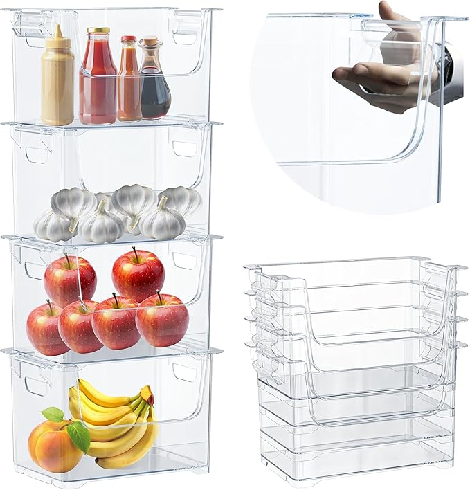 TidyFriend Stackable Storage Bins for Pantry - 4 Pack Stackable Bins for Organizing Food, Kitchen, and Bathroom Essentials (Clear)