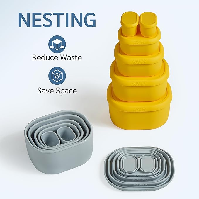 ISSEVE 12Pcs/Set Nesting Silicone Food Storage Containers with Lids, BPA Free Reusable Meal Prep Silicone Containers Airtight, Freezer Dishwasher Safe (33.8oz, 20oz, 10oz, 6.7oz, 1.3oz) (Yellow)