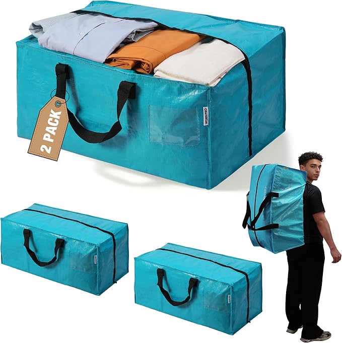 WORKPRO 2 Pack Extra Large Moving Bags with Zippers & Carrying Handles Backpack Straps, Heavy-Duty Storage Tote for Space Saving Moving Storage (Blue)
