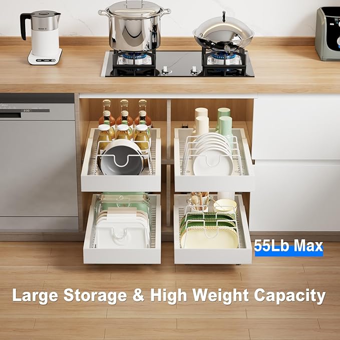 2 Pack Pull Out Cabinet Organizer with 8 Dividers,21.8" Deep Slide Out Drawers for Cabinets Adhesive Pull Out Drawers Heavy Duty Pull Out Shelves for Kitchen, Cupboard, Pantry, Bathroom-White