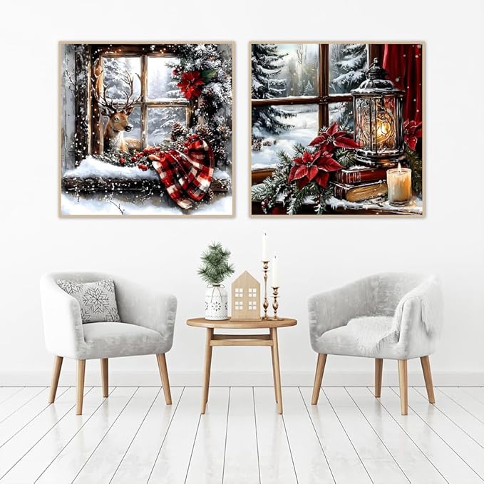 NEGEKFKX 2 Pack Christmas Paint by Numbers Kit for Adults Beginner with Framed,Deer Easy Adult Paint by Number Kits on Canvas DIY Painting for Beginners Art by Numbers for Home Wall Decor 10x10Inch