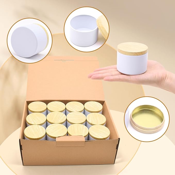 12-Pack Candle Jars, 4oz Candle Tins with Metal Wood-Grain Printing Lids, Empty Metal Candle Jars for Making Candles Bulk Candle Containers - White