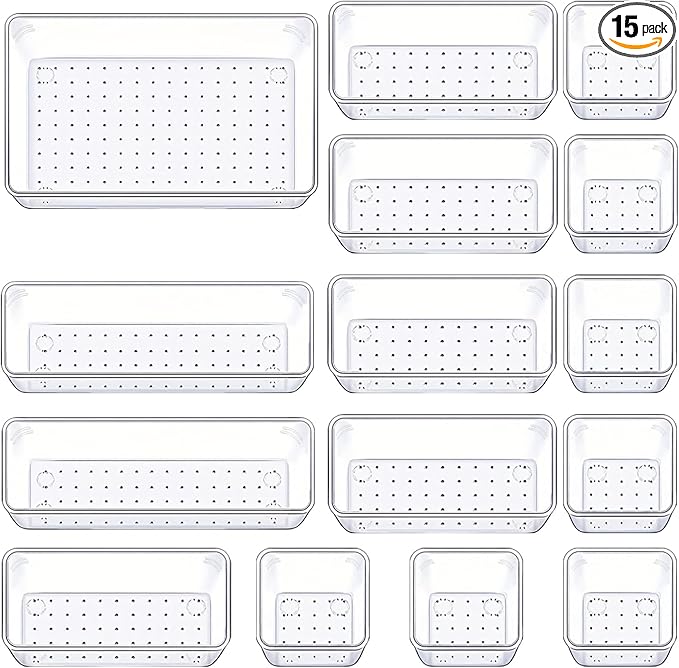 Manalete Drawer Organizers Set of 15, 4 Sizes Clear Plastic Drawer Organizers and Storage Bins for Kitchen, Bathroom, Office, Dresser Desk Drawer Organizer Tray for Jewelry, Makeup, Junk, Gadgets