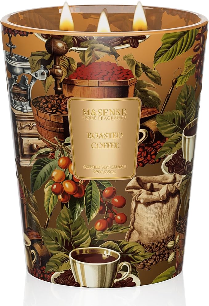 M&SENSE Roasted Coffee Soy Large Candles, 3-Wick 35oz 150H Slow Burning, Aromatherapy Candle for Home Office Focus Winter Décor