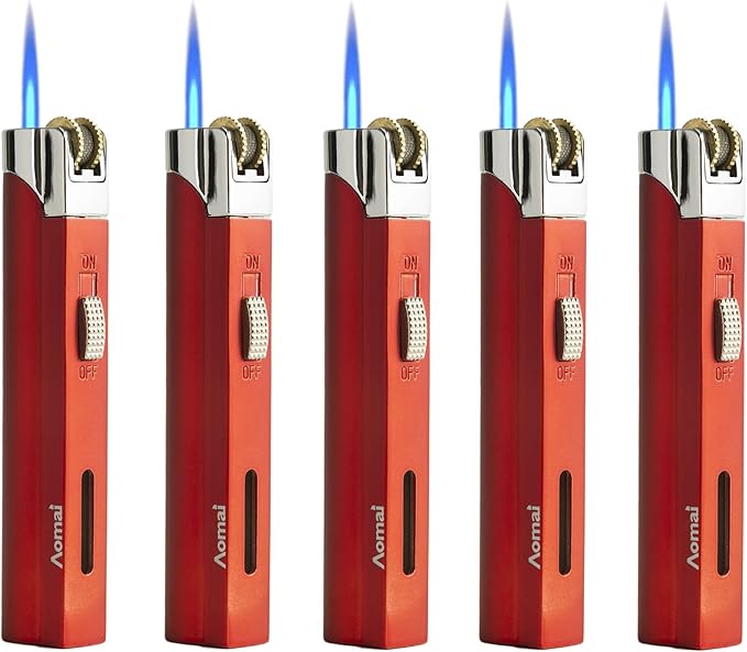 5 Pack Portable Torch Lighter Windproof Butane Refillable Lighter with Fuel Visible Tank Lockable Flame No Gas(Red)
