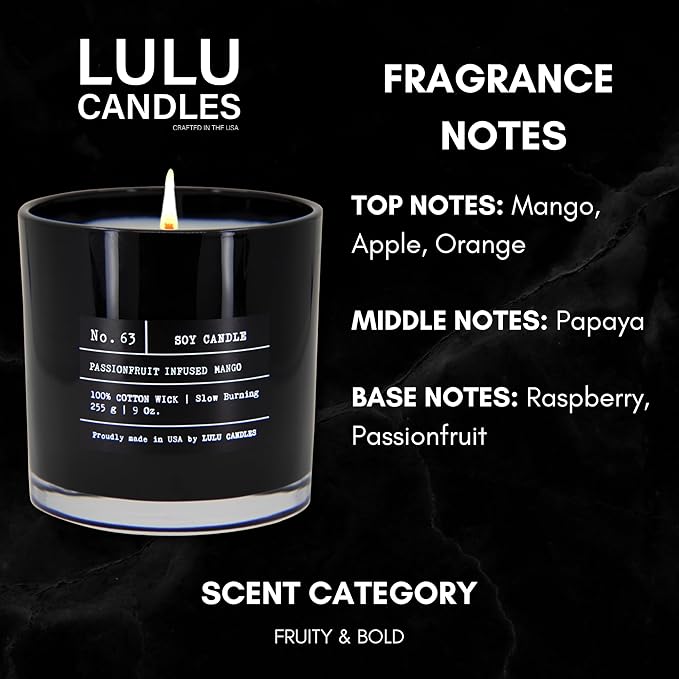 Lulu Candles | Passionfruit Infused Mango | Highly Scented Premium Candles in Giftable Box for Home and Office | Vegan Soy Blend Jar Candle with 100% Cotton Wick | Slow Burning & Long Lasting (9 Oz.)