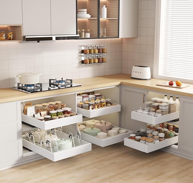 Seinloes 2 Pack Pull out Cabinet Organizer 21" Deep With Raising Pad for Framed Cabinets, Expandable Slide out Drawers for Kitchen Cabinets with 4pcs Divider Racks, Roll out Shelves 9"-14" W White