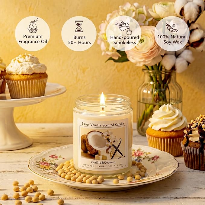 Homsolver Creamy Vanilla Coconut Scented Candle, Natural Soy Candles with 50+ Hours Burn Time, Anniversary Birthday Gifts for Women, Mothers Day Gifts for Mom Wife Her, Warm & Soft Home Fragrance