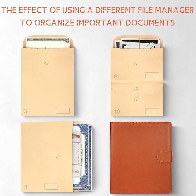JOYCE Important Document Organizer, Life File Manager with Labels, for Managing Letters, Photos, Birth Certificates, Social Security Cards, Passport, Ring Binder (Brown Leather)