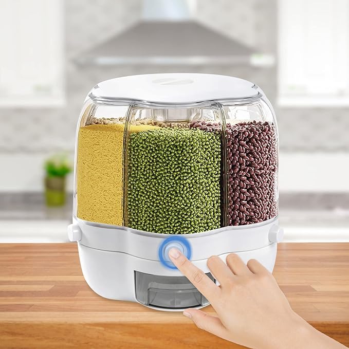 Rotating Grain Dispenser, Round Multigrain Tank Cup 6-Compartment Rice and Bean Dispenser, 17.64lb Cereal Grain Dispenser for Store Rice, Red Beans, Yellow Beans, Black Beans