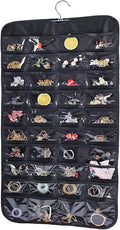 Cemueo Hanging Jewelry Organizer, Double Sided 80 Pocket Jewelry Chain Storage Bag 2 Layer of Fabric Jewelry Organizer Holder for Necklace Bracelet Earring Ring Chain Knitting Tool-Black