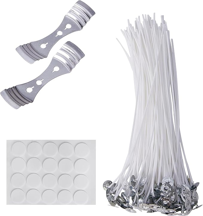 Candle Making Kit with 100 Cotton Wicks 8 inch, 100 Wick Stickers, 2Metal Holders