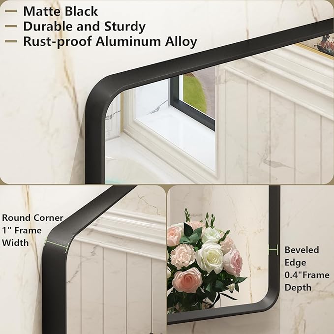 OKPAL 30X36 Inch Matte Black Metal Frame Bathroom Mirror for Wall, Black Bathroom Vanity Mirror Farmhouse, Black Rounded Rectangle Mirror, Anti-Rust, Tempered Glass (Horizontal/Vertical)