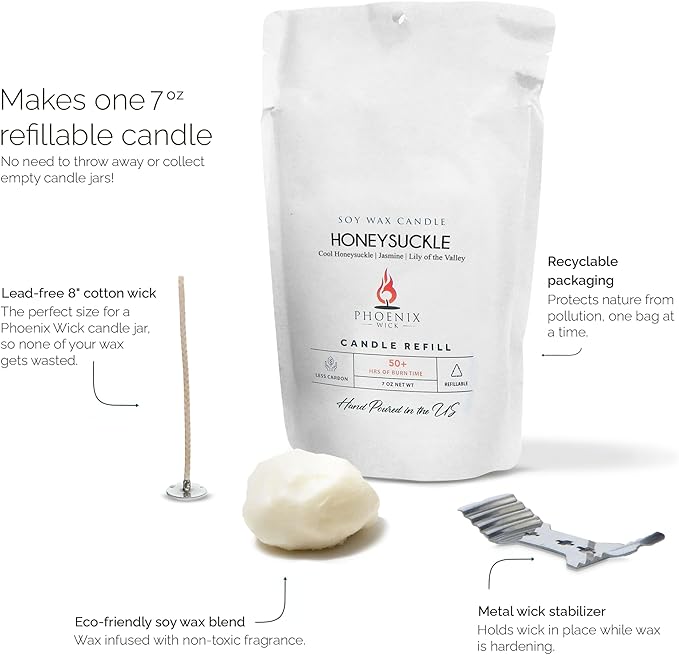 Phoenix Wick Candle Making Kit – Transform Anything Into A Candle – Candle Making Kit with Wick + 7oz Wax (Honeysuckle Scent)