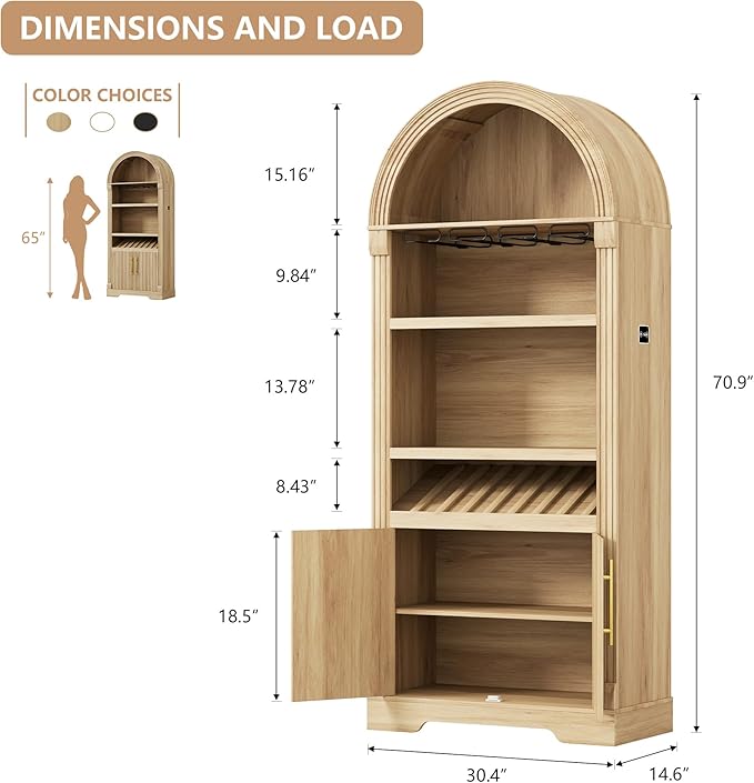 Vlsrka 71" Tall Arched Kitchen Pantry Cabinets, Wood Kitchen Storage Cabinets/Arched Bookshelf/Bookcase,China Cabinet with Open & Adjustable Shelves, Induction LED Light (Brown A)