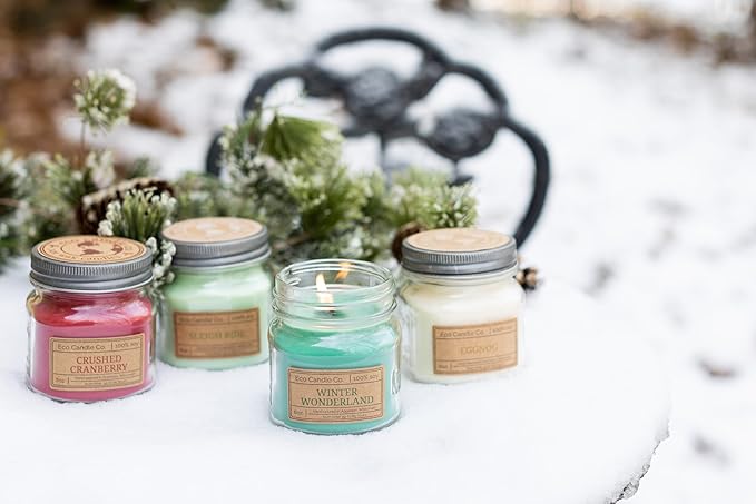 ECO CANDLE CO. Mason Jar Candle, Sleigh Ride, 8 oz. - Scents of Pine & Orange - 100% Soy Wax, No Lead, Kraft Label & Antiqued Pewter Lid, Hand Poured, Phthalate Free, Made from Midwest Grown Soybeans
