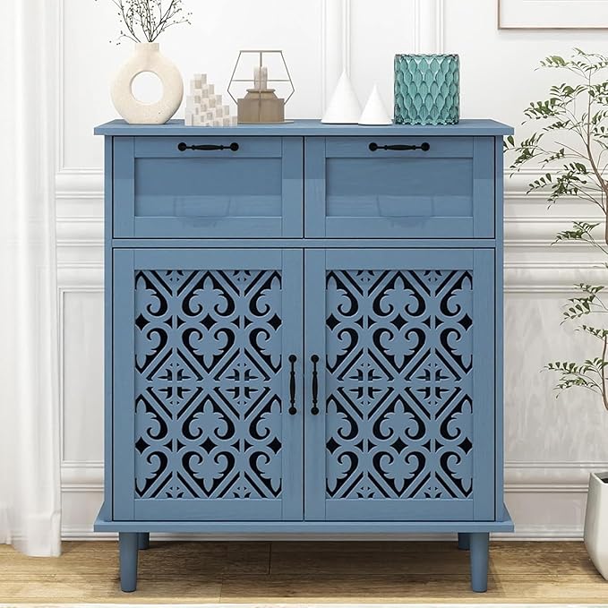 vistavie Blue Buffet Sideboard Cabinet with 2 Doors 2 Drawers - Accent Cabinet with Adjustable Shelves，31.5 Inch Wide Wood Storage Cabinets for Dining Room,Study Room and Kitchen
