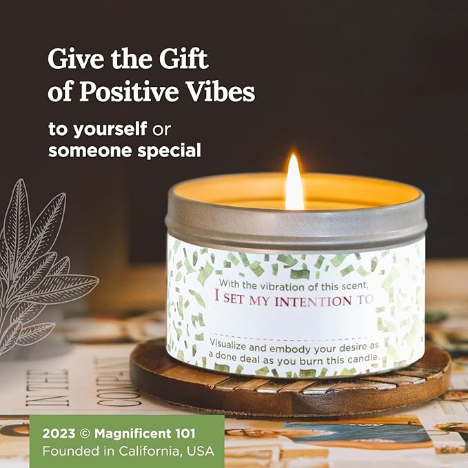MAGNIFICENT 101 Manifest Money Candle - 6 Oz White Soy Wax Tin - 30-Hour Burn - Herbal & Clove Scented - Abundance & Intention Candle