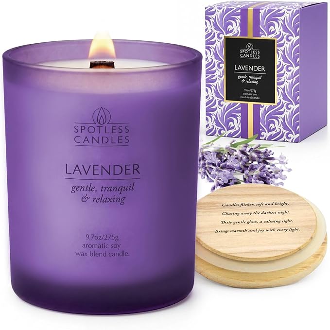 Lavender Candle 9.7 oz: 55 Hrs Burn Time - Lavender Scented Candles in Frosted Glass Jar with Wooden Crackling Wick in a Luxurious Gold Foil Lined Gift Box