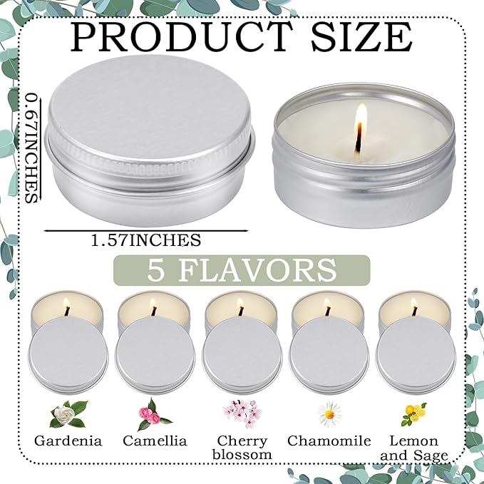 MTLEE 50 Pcs Wedding Scented Candles Gift Travel Tin Candle Aromatherapy Candle for Christmas Winter Baby Shower Favors Wedding Gifts(Gardenia,Camellia,Chamomile,Lemon & Sage,Cherry Blossom)