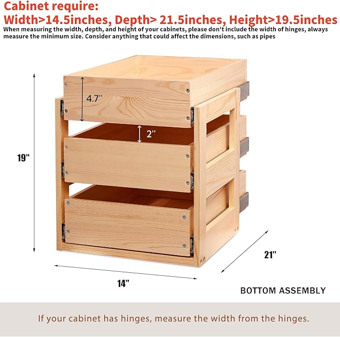 Mulush Pull Out Drawers For Cabinets, 14''W×21''D×19''H Soft Close Slide Out Wood Shelves Storage Organizer for Kitchen, 3-Tier, Finished, Heavy-Duty, Bottom Assembly
