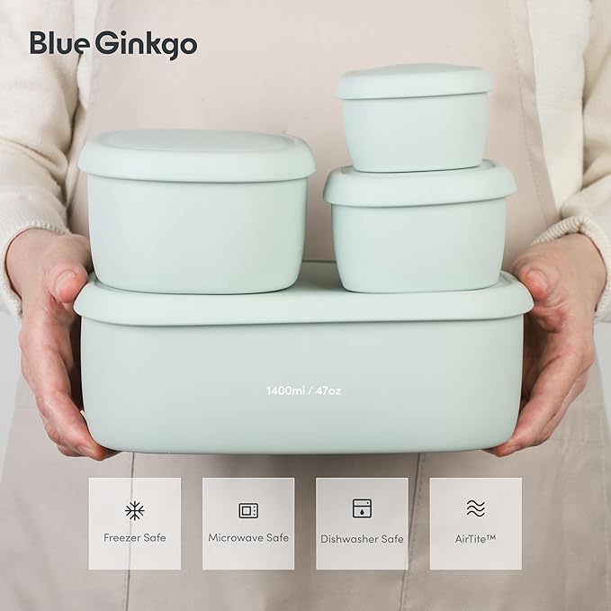 BLUE GINKGO Nesting Silicone Containers - Large Silicone Food Storage Container | BPA Free, Airtight, Dishwasher and Freezer Safe (47.5 oz) - Green