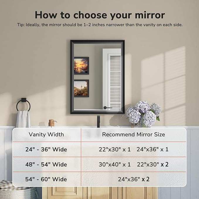 USHOWER Black Bathroom Mirrors for Over Sink 22x30 Inch, Metal Framed Rectangle Vanity Mirror for Wall, Bedroom, Living Room, Entryway, Farmhouse, Anti-Rust, HD Tempered Glass, Horizontal/Vertical