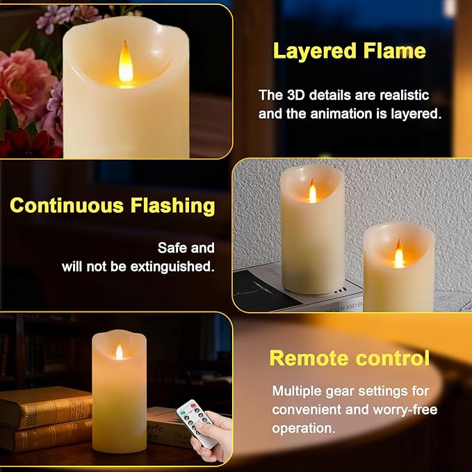 Autbye Rechargeable Flameless Candle, Realistic 3D Flickering Warm Flame, LED Candle with Remote Control & Timer for Holiday, Wedding, Patio and Home Decoration