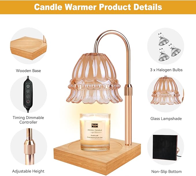 Flower Candle Warmer Lamp Adjustable Height, Candle Warmer Light with Timer & Dimmer, Compatible with Jar Scented Candles, Wax Melt Warmer with 3 Bulbs for Home Decor