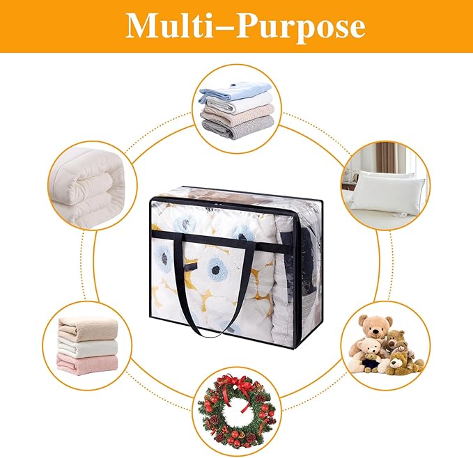 MEETOZ 4 Pack Clear Plastic Storage Bags, 40L Foldable Clothes Storage Boxes, Wardrobe Organizer Moving Bags with Reinforced Handle for Loft Wardrobe for Bedding Clothes