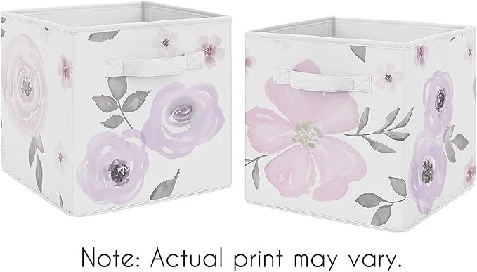 Sweet Jojo Designs Lavender Purple, Pink, Grey and White Organizer Storage Bins for Watercolor Floral Collection - Set of 2 - Rose Flower