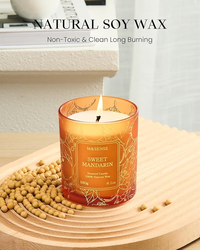 M&SENSE Sweet Mandarian Scented Vegan Soy Candles, No Toxin Refreshing Fragrance, 8.1oz 42-Hour Long Burning, Stress Relief Summer Home Candles, Housewarming Gift for Men & Women