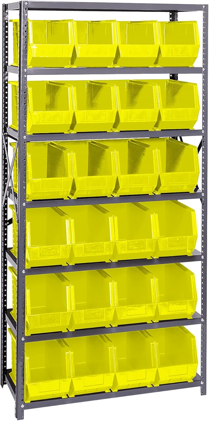 Quantum Storage Systems QSBU-265YL Giant Open Hopper Steel Shelving System, 18" D x 36" W x 75" H, with 7 Shelves and 24 QUS265 Bins, Yellow