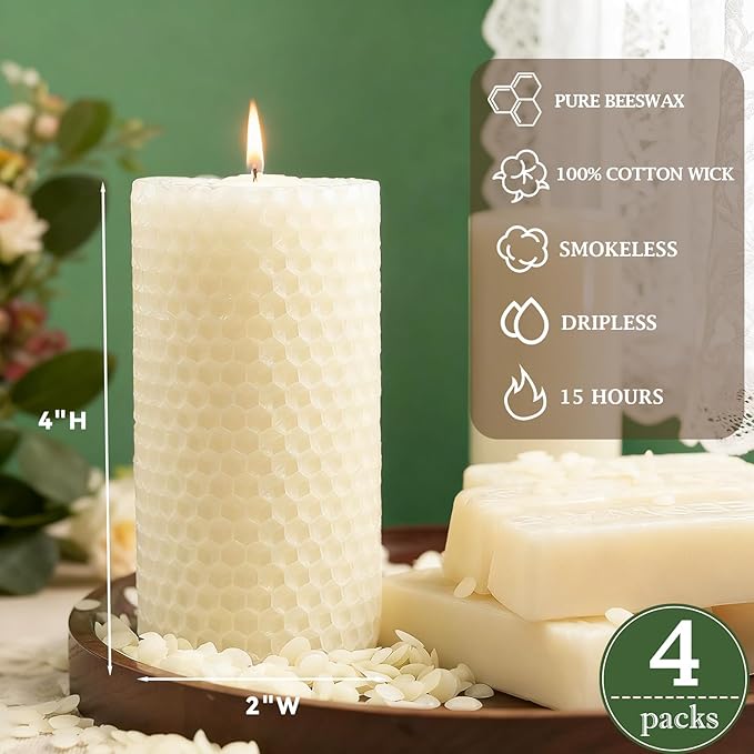 White Hand-Rolled Beeswax Candles, 4 Packs, 2x4 Inch White Honeycomb Pillar Candle, 15 Hour Burn Time Ivory Handcrafted Bees Wax Candles for Gift Choice, Candle Lovers, Home Decor