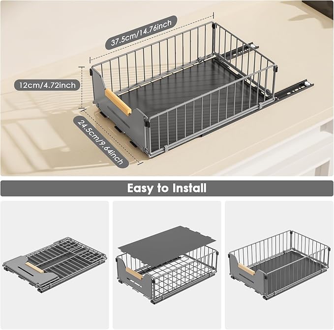 Pull Out Cabinet Organizer, Slide Out Drawers for Cabinets, Peel and Stick, Heavy Duty Shelves for Kitchen, Cupboard, Pantry, Bathroom, Short - Gray