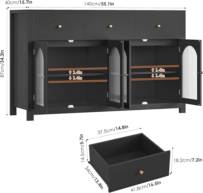 FINETONES Buffet Cabinet with Storage, 55.1" Large Sideboard Buffet Farmhouse Kitchen Cabinet with 3 Drawers and 4 Doors, Wood Coffee Bar for Kitchen, Black