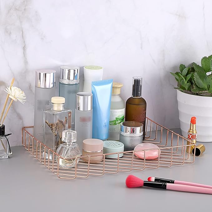 BTSKY Multipurpose A4 File Tray Wire Desk Tray Organizer Elegant Letter Size Desk Documents Trays Magazine Files Storage Basket Organizer Bin for Office Cosmetics Bathroom(Rose Gold)