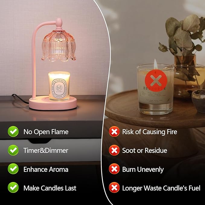 MEIXISUE Pink Candle Warmer Lamp with Timer and Dimmer,Mother's Day Gifts for Mom/Wife, Melt Wax Warmer Lamp with 2 Bulbs for Candle Jars House Warming New Home Decor