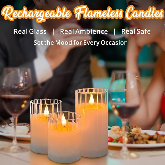 Rechargeable Flameless Glass Pillar Candles – Remote & Timer – Set of 3 White Stripes Realistic Flickering LED Light, Ideal for Living Room, Bedroom & Holiday Décor& Gifts for Women