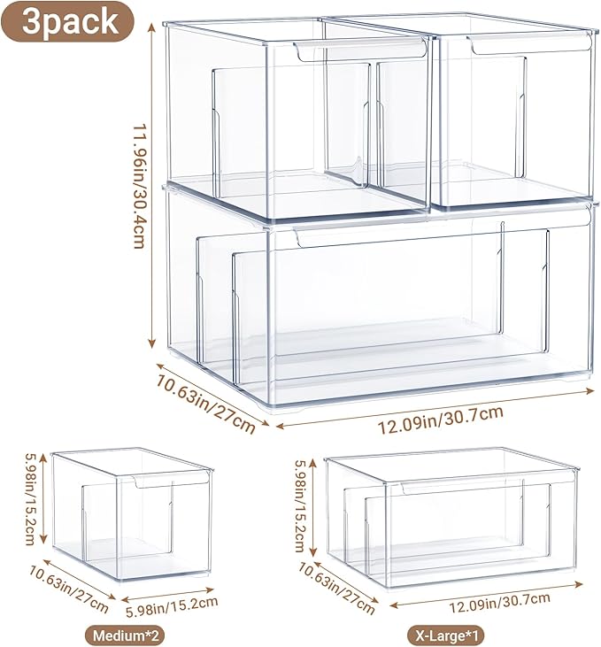 Clear Plastic Storage Bins with Dividers for Fridge Pantry Organizers and Storage Containers, 3 Pack Large Acrylic Stackable Sturdy Storage Boxes for Home Edit and Cabinet Organizers C6-2