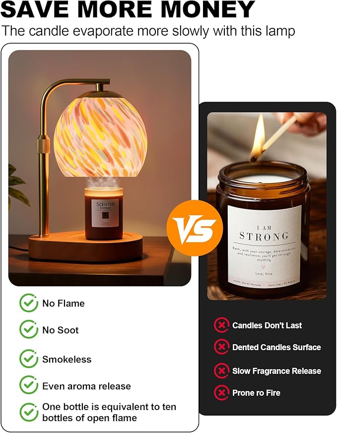Stained Glass Candle Warmer Lamp with Dimmable 7-Level Brighness, Adjustable Height with 2/4/8H Timer, Home Decor with 2 Bulbs and Gifts for Women Mom Scented Jar Candles- Gold