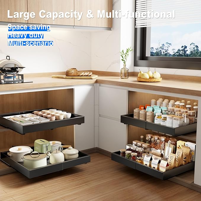 MUSTORN 2 Pack Pull Out Cabinet Organizer Expandable, 21"Deep Slide Out Drawer for Cabinets Adhesive Pull Out Drawers Heavy Duty Pull Out Shelves for Kitchen, Cupboard, Pantry, Bathroom(Black)